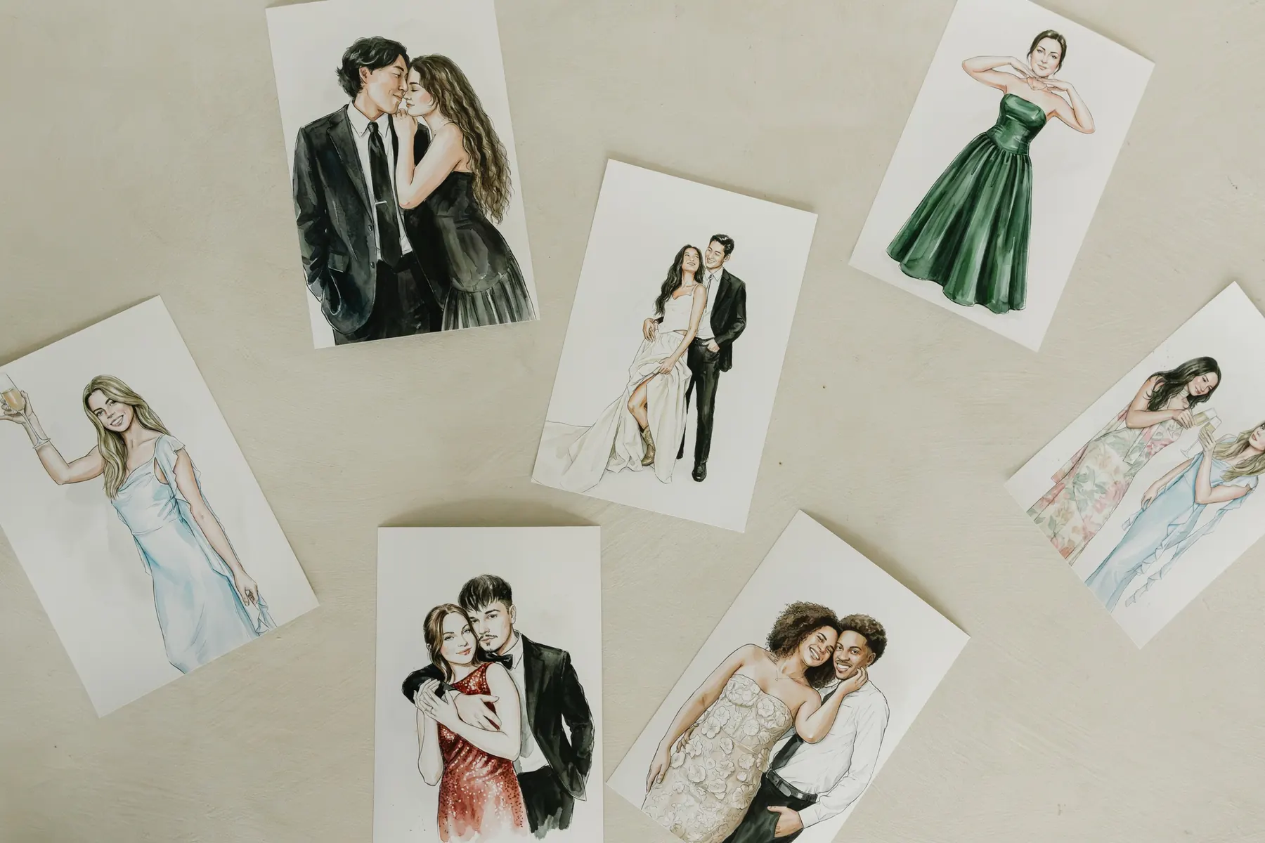 A spread of watercolour-style AI portraits of couples and guests in evening wear