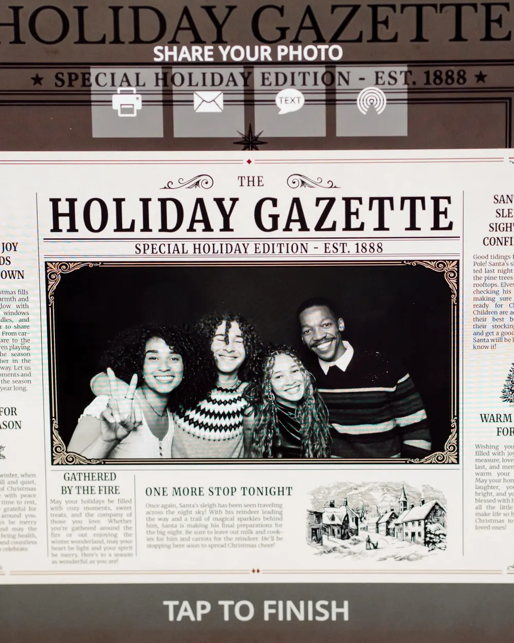 A Holiday Gazette front page of four friends on the photo booth screen