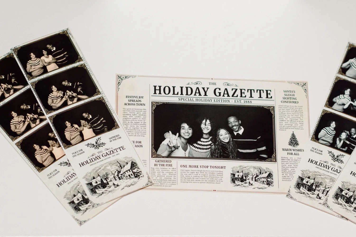 A Holiday Gazette front page laid out between printed photo strips, each finished with a festive newspaper masthead