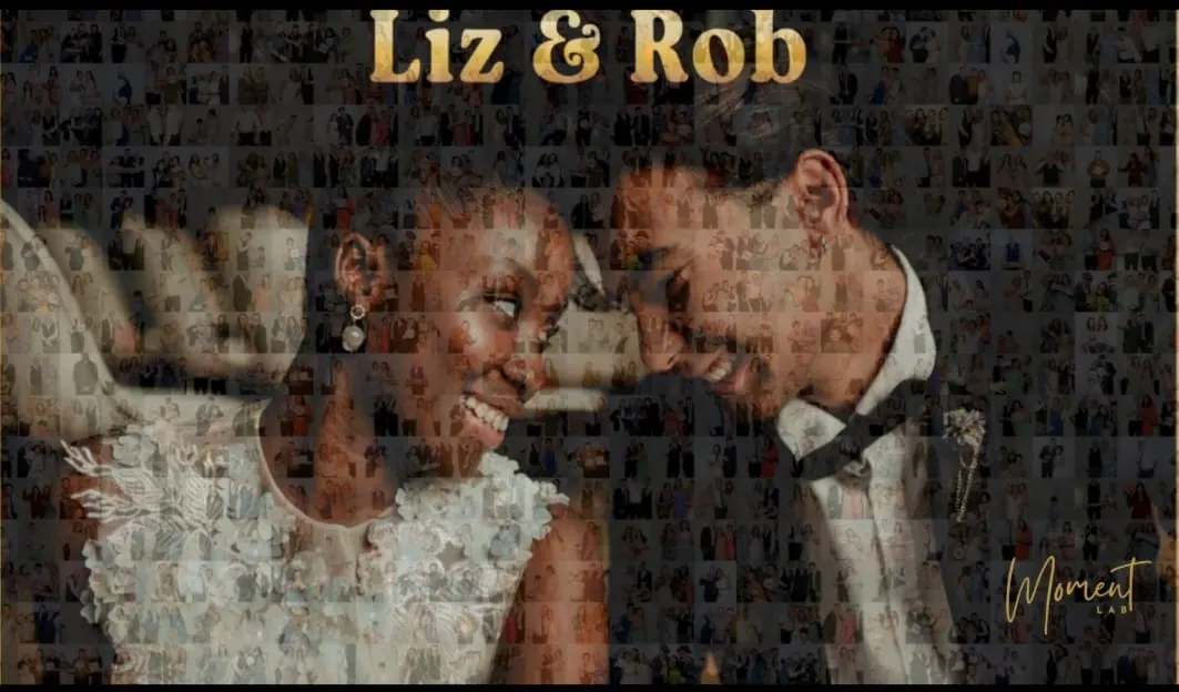 A digital wedding mosaic of a bride and groom, made from hundreds of guest portraits