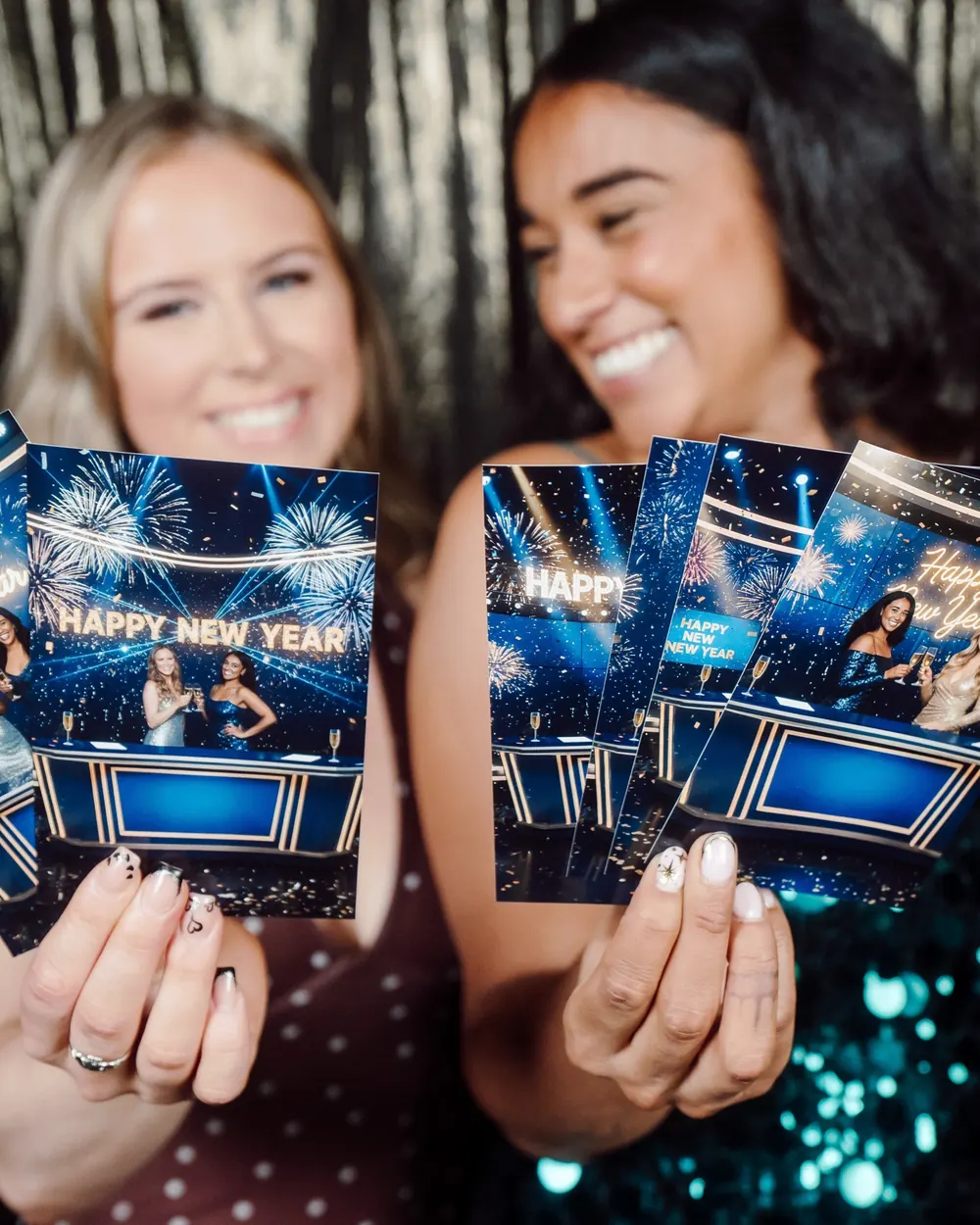 Two guests holding their Happy New Year prints, set against fireworks and confetti