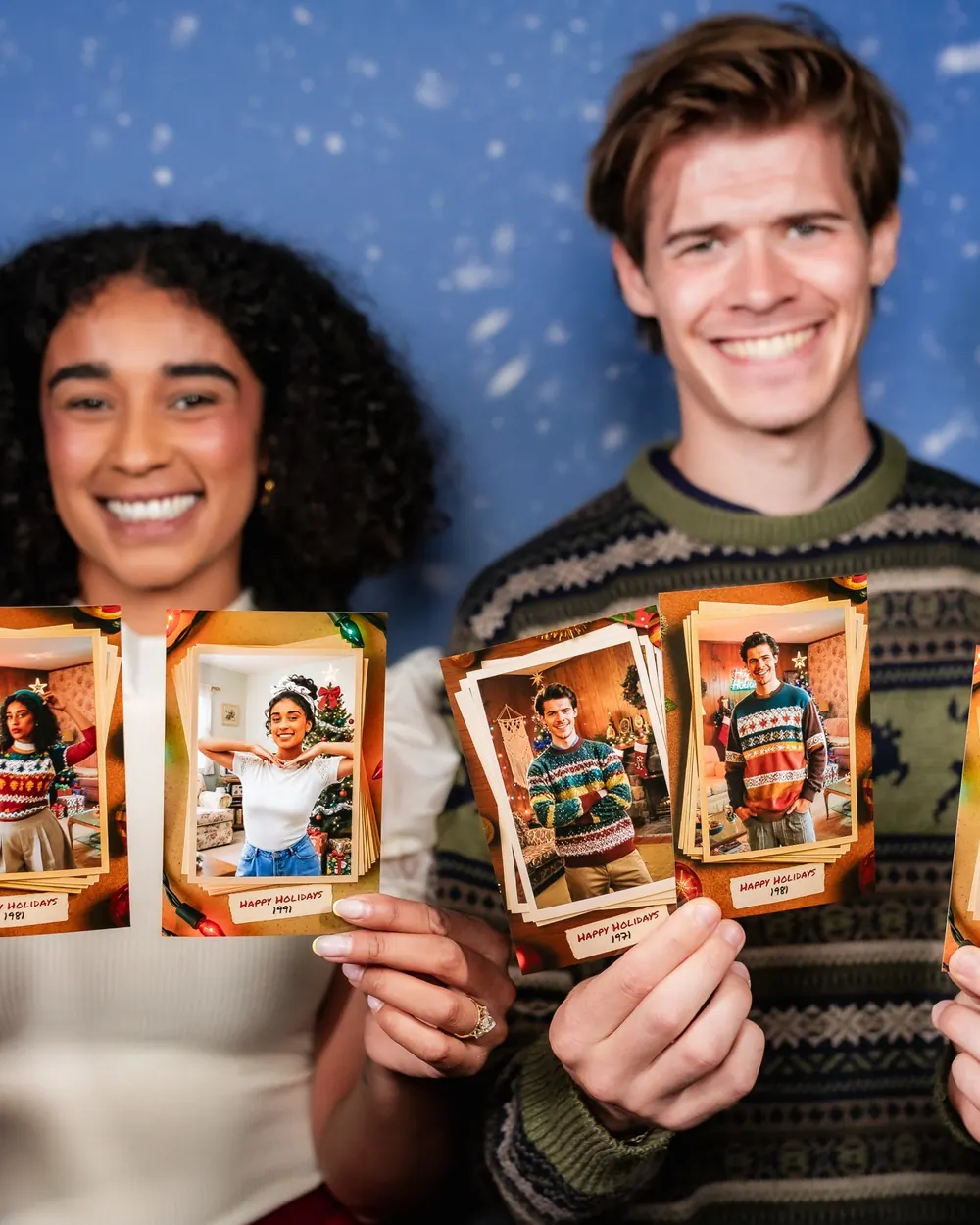 Two guests holding nostalgic holiday portrait prints against a snowy backdrop