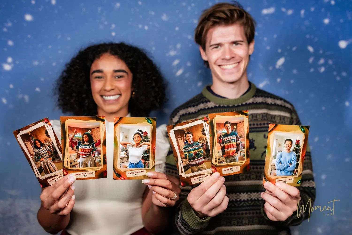Two guests holding their nostalgic holiday portrait prints against a snowy backdrop